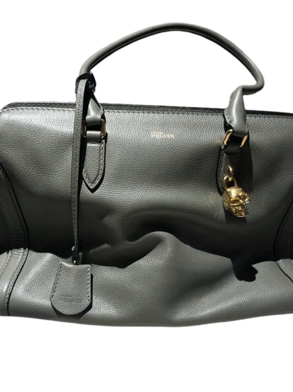 Alexander McQueen Dark Grey Leather Top-Handle Satchel with Gold Skull Charm